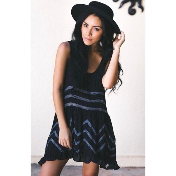 Free People Black Gray Tiered Ruffle Hem Voile & Lace Tiny Dots Mini Dress Tunic - Picture 11 of 16